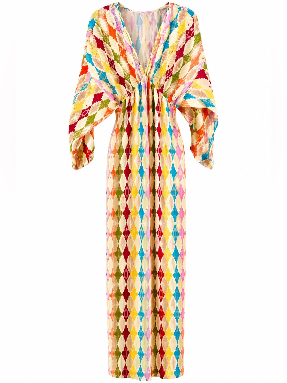 Pleated Multicolor Diamond-Print Maxi Dress - Cream